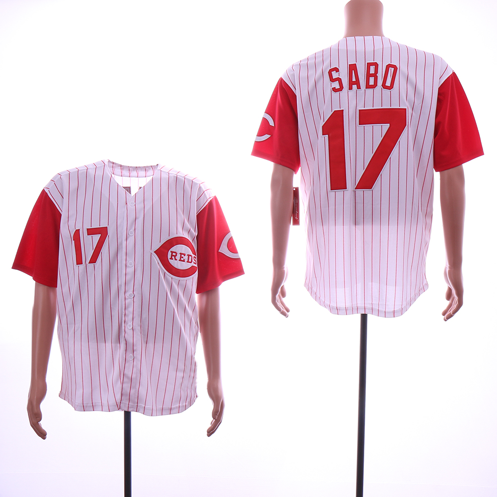 Men MLB Cincinnati Reds 17 Sabo white red with strips jerseys